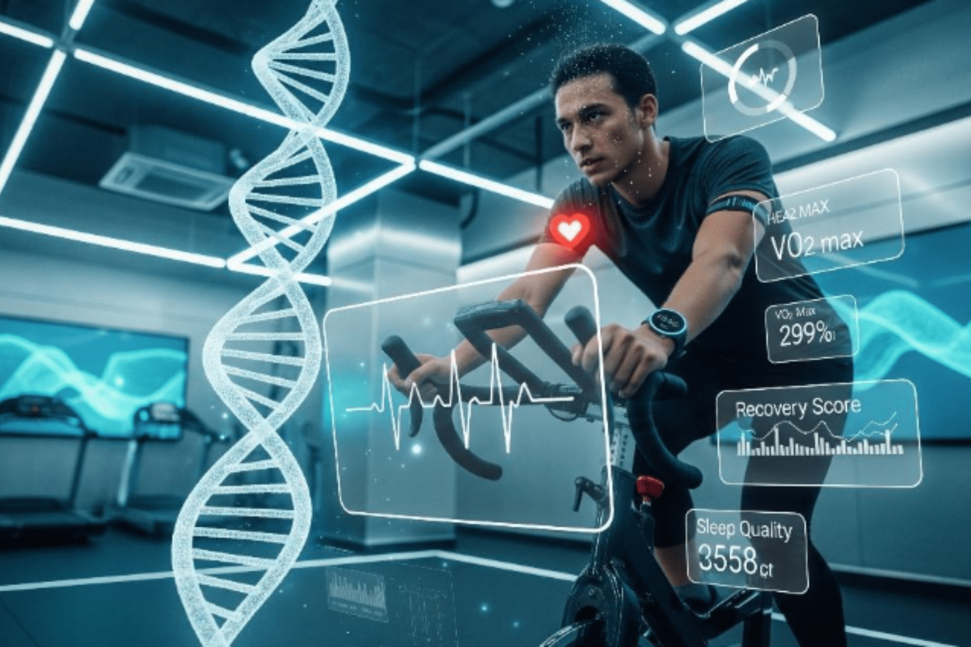 Smartwatch wearing cyclist with DNA helix overlay